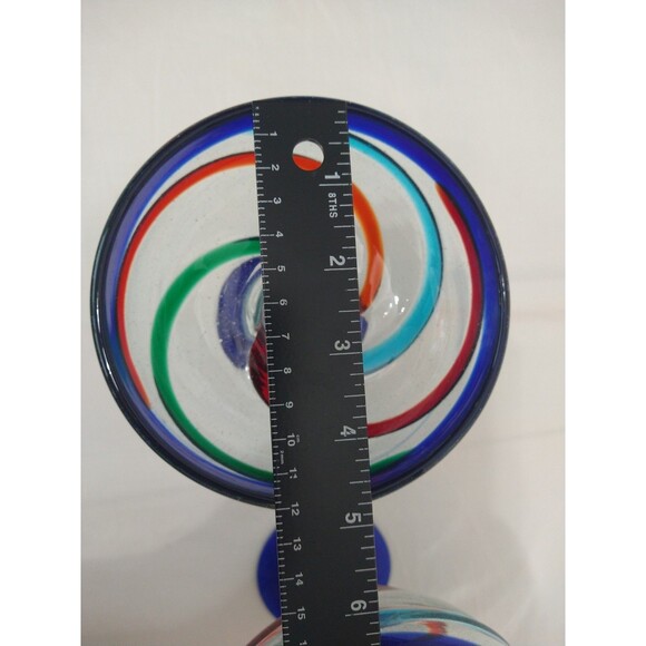 Set of 2 Hand Blown Art Margarita Cocktail Glasses Blue Red Green Swirl Thick - Picture 3 of 9